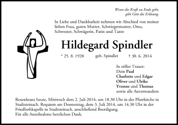Anzeige von Hildegard Spindler von MGO