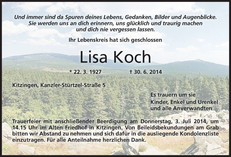  Traueranzeige für Lisa Koch vom 02.07.2014 aus MGO