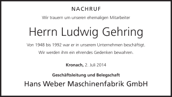 Anzeige von Ludwig Gehring von MGO