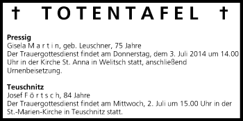 Anzeige von Totentafel vom 02.07.2014 von MGO