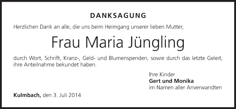  Traueranzeige für Maria Jüngling vom 03.07.2014 aus MGO