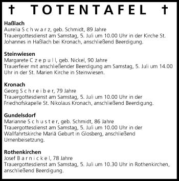 Anzeige von Totentafel vom 04.07.2014 von MGO