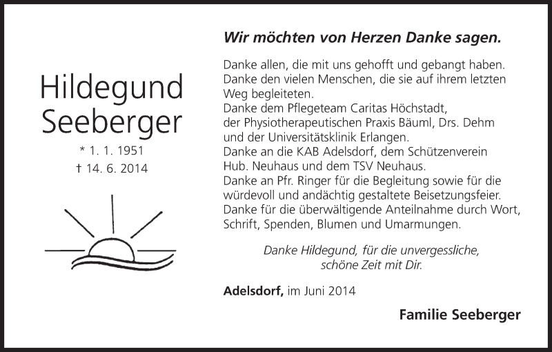  Traueranzeige für Hildegund Seeberger vom 04.07.2014 aus MGO