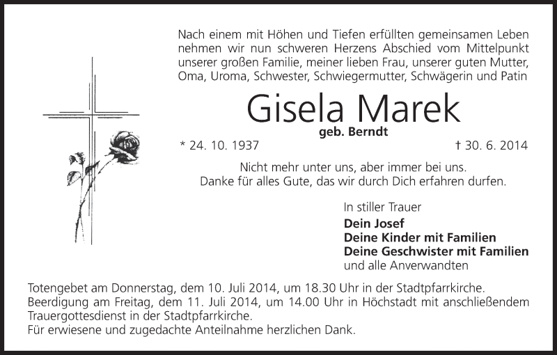  Traueranzeige für Gisela Marek vom 09.07.2014 aus MGO