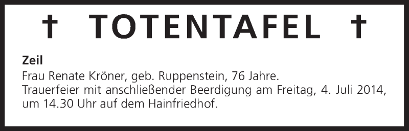  Traueranzeige für Totentafel vom 04.07.2014 vom 04.07.2014 aus MGO