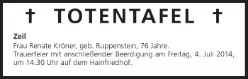 Anzeige von Totentafel vom 04.07.2014 von MGO