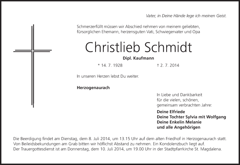  Traueranzeige für Christlieb Schmidt vom 05.07.2014 aus MGO