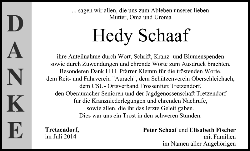  Traueranzeige für Hedy Schaaf vom 05.07.2014 aus MGO
