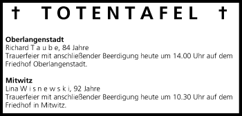 Anzeige von Totentafel vom 05.07.2014 von MGO