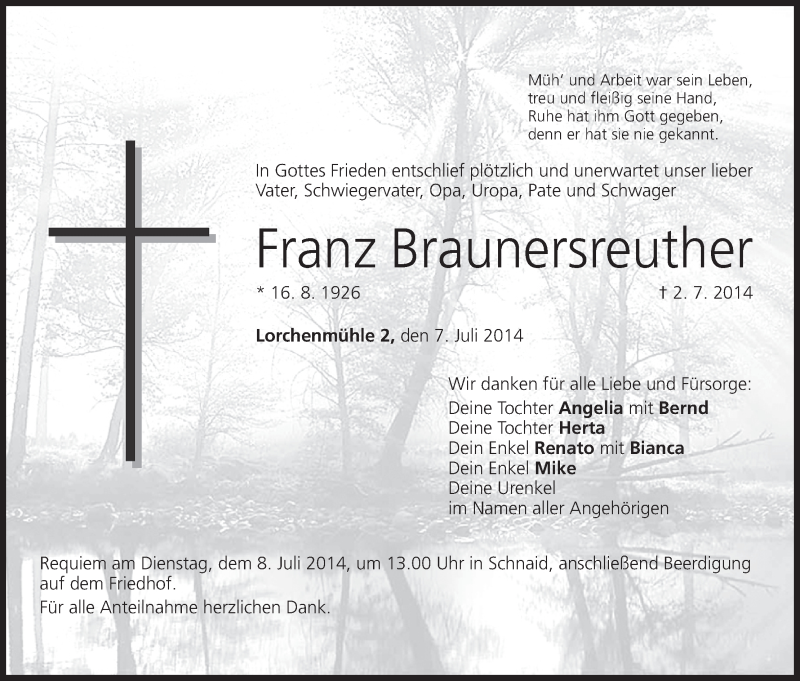  Traueranzeige für Franz Braunersreuther vom 07.07.2014 aus MGO