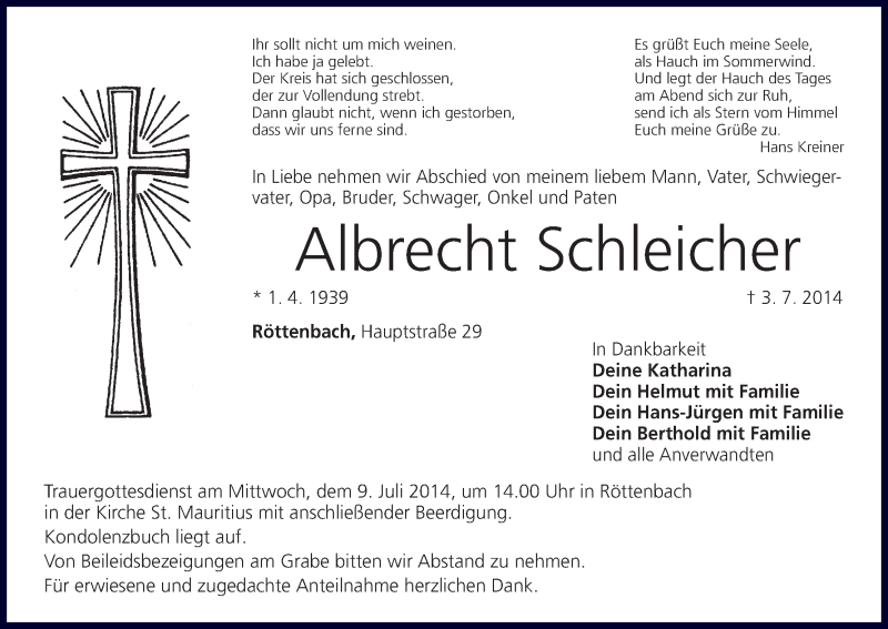  Traueranzeige für Albrecht Schleicher vom 07.07.2014 aus MGO