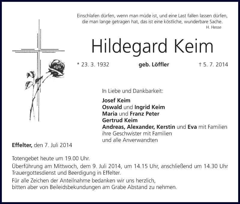 Traueranzeige für Hildegard Keim vom 07.07.2014 aus MGO