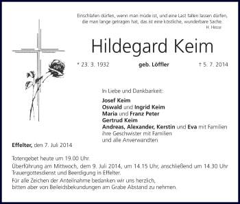 Anzeige von Hildegard Keim von MGO