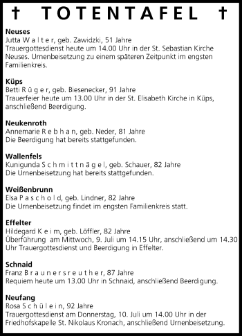 Anzeige von Totentafel vom 08.07.2014 von MGO
