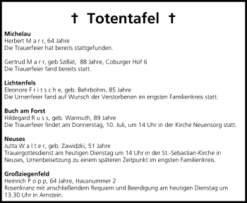 Anzeige von Totentafel vom 08.07.2014 von MGO