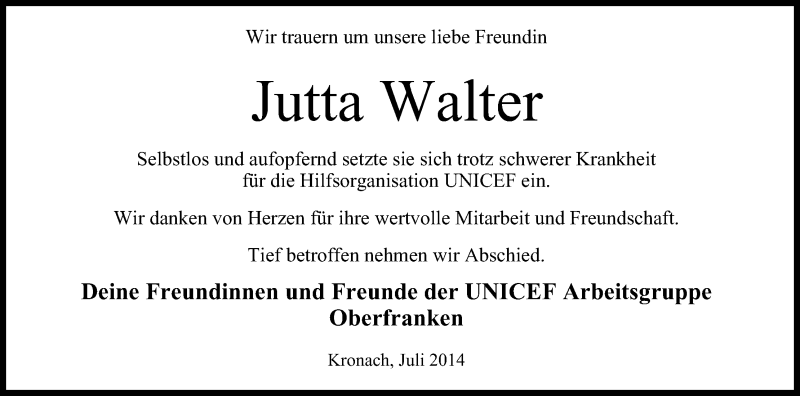  Traueranzeige für Jutta Walter vom 05.07.2014 aus MGO