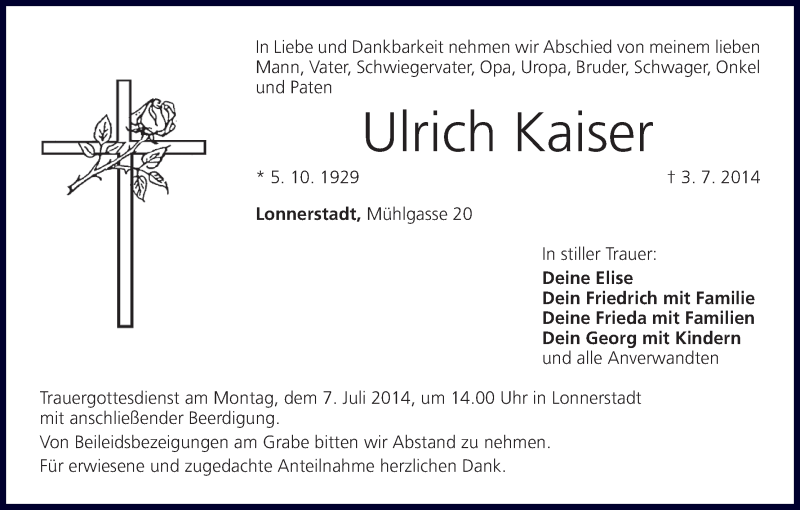  Traueranzeige für Ulrich Kaiser vom 05.07.2014 aus MGO