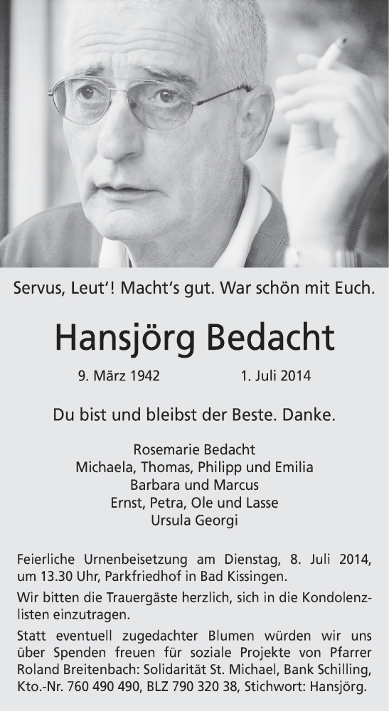  Traueranzeige für Hansjörg Bedacht vom 05.07.2014 aus MGO