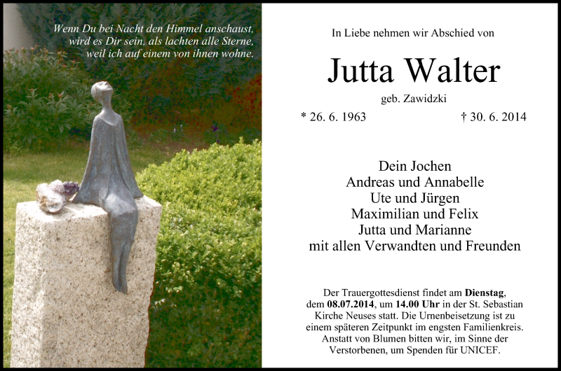  Traueranzeige für Jutta Walter vom 05.07.2014 aus MGO