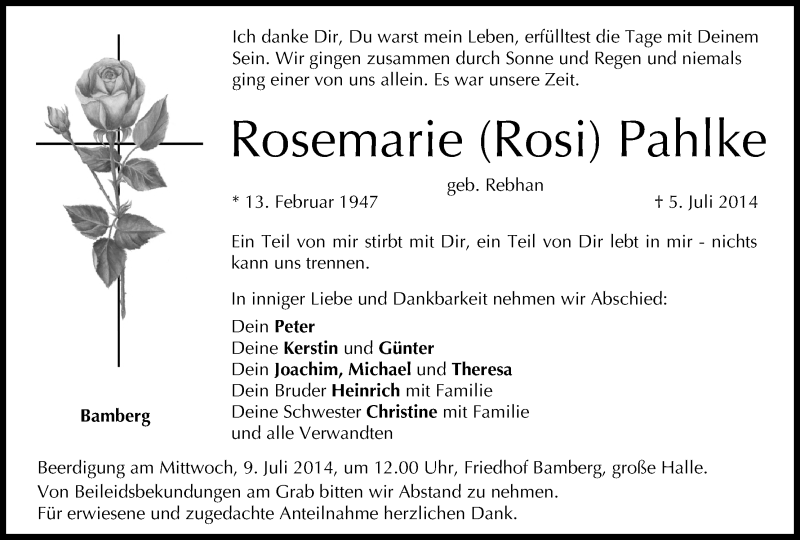  Traueranzeige für Rosemarie Pahlke vom 07.07.2014 aus MGO