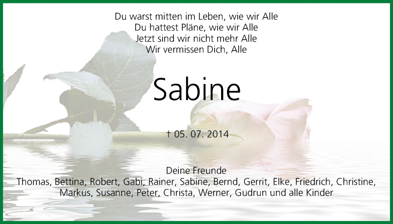  Traueranzeige für Sabine Haßlauer vom 09.07.2014 aus MGO