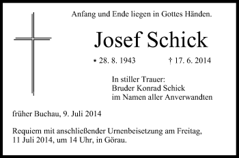 Anzeige von Josef Schick von MGO