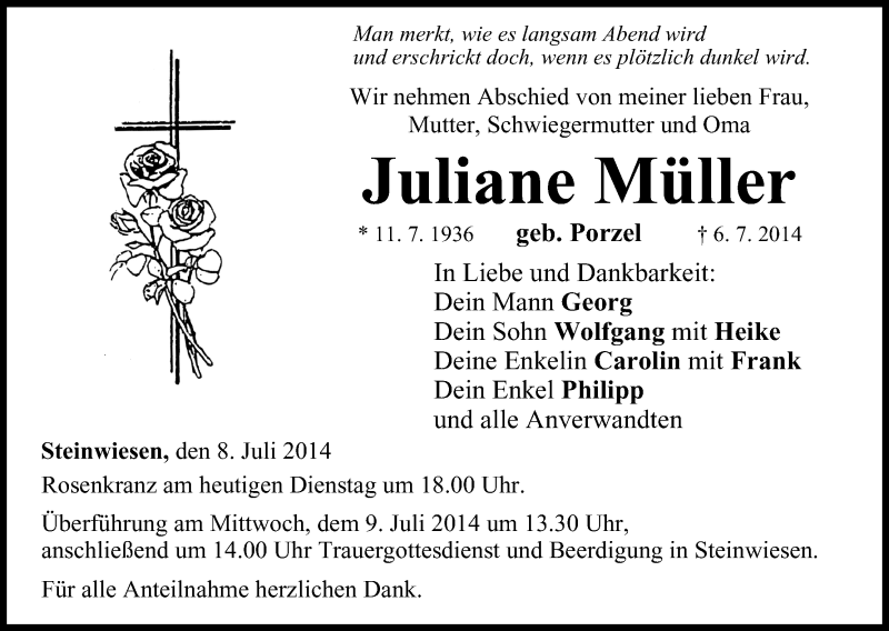  Traueranzeige für Juliane Müller vom 08.07.2014 aus MGO