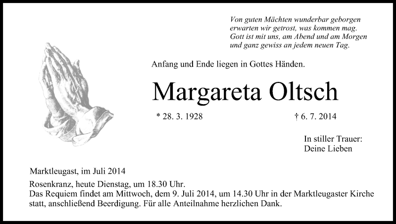 Traueranzeige für Margareta Oltsch vom 08.07.2014 aus MGO