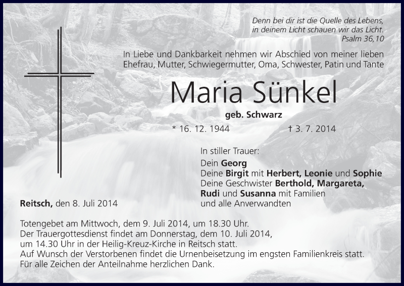  Traueranzeige für Maria Sünkel vom 08.07.2014 aus MGO
