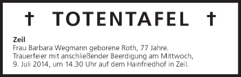 Anzeige von Totentafel vom 09.07.2014 von MGO