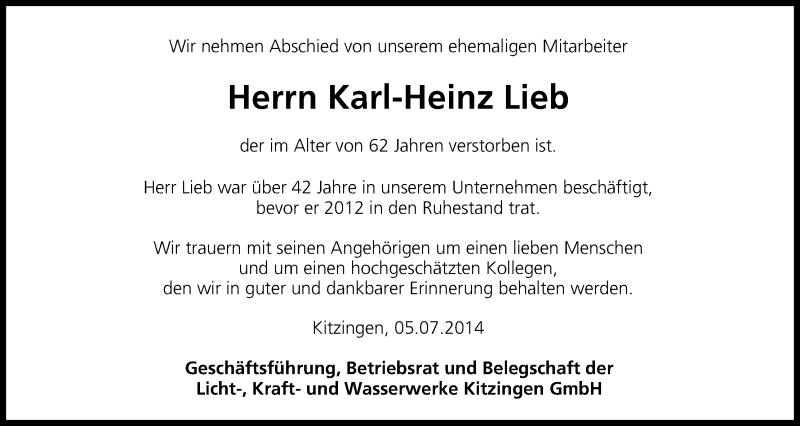  Traueranzeige für Karl Heinz Lieb vom 11.07.2014 aus MGO