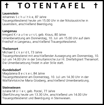 Anzeige von Totentafel vom 09.07.2014 von MGO