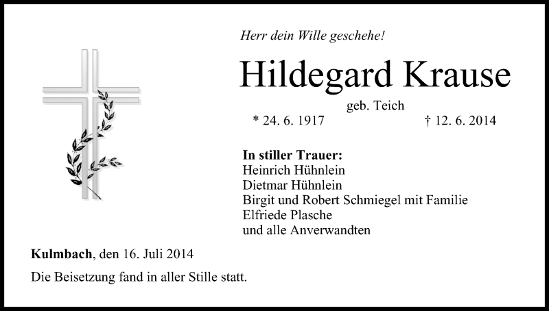  Traueranzeige für Hildegard Krause vom 16.07.2014 aus MGO