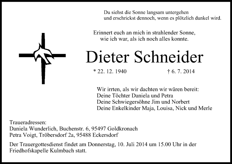  Traueranzeige für Dieter Schneider vom 09.07.2014 aus MGO