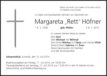 Anzeige von Margareta Höfner von MGO