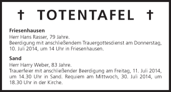 Anzeige von Totentafel vom 10.07.2014 von MGO