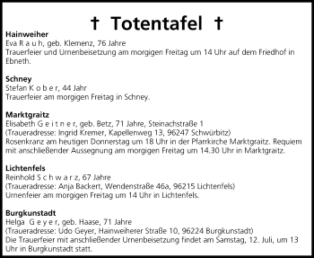 Anzeige von Totentafel vom 10.07.2014 von MGO