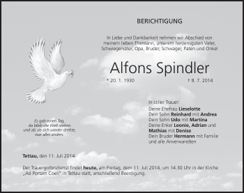 Anzeige von Alfons Spindler von MGO