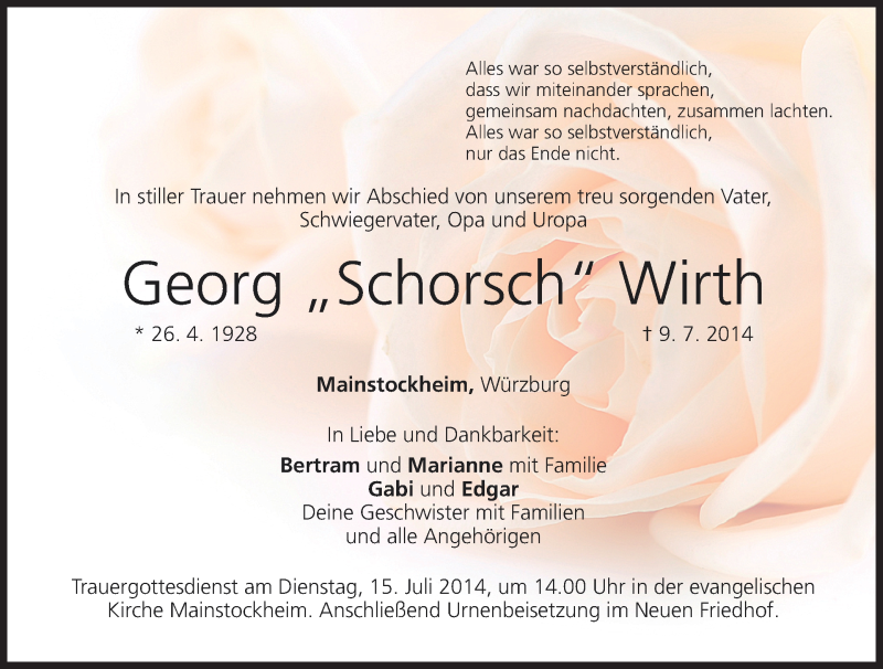  Traueranzeige für Georg Wirth vom 12.07.2014 aus MGO