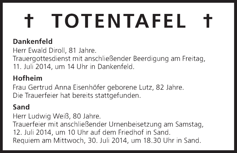  Traueranzeige für Totentafel vom 11.07.2014 vom 11.07.2014 aus MGO
