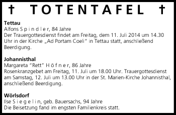 Anzeige von Totentafel vom 11.07.2014 von MGO