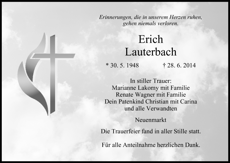  Traueranzeige für Erich Lauterbach vom 19.07.2014 aus MGO
