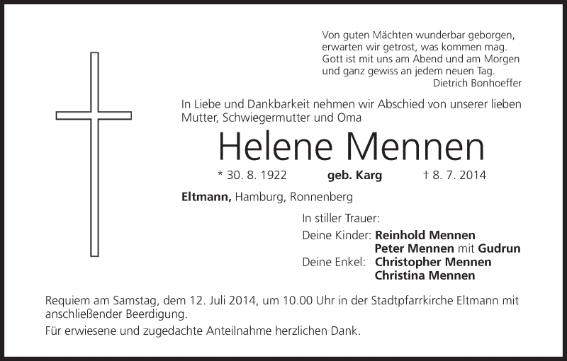  Traueranzeige für Helene Mennen vom 11.07.2014 aus MGO