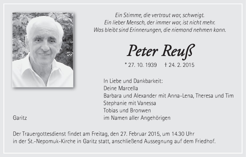  Traueranzeige für Peter Reuß vom 25.02.2015 aus MGO