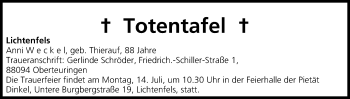 Anzeige von Totentafel vom 12.07.2014 von MGO