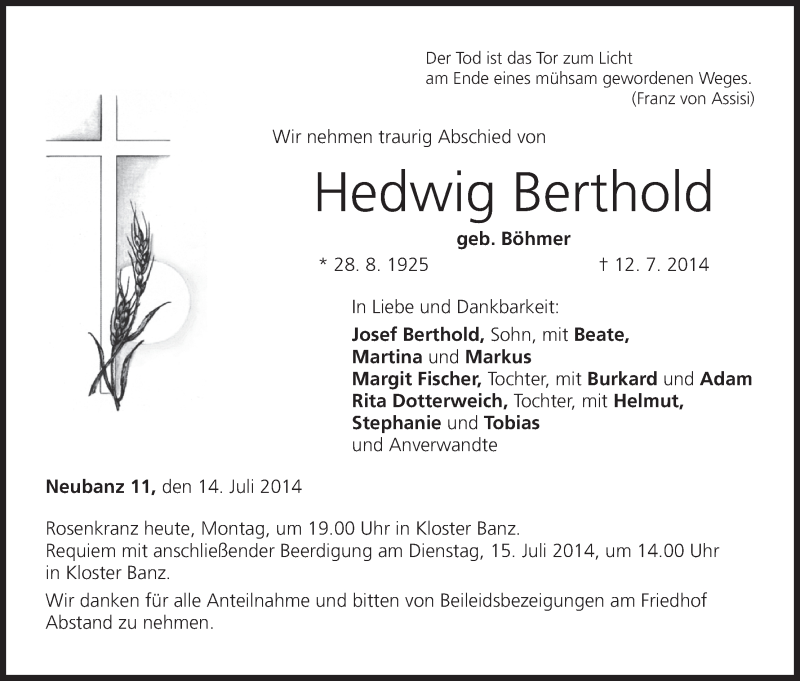  Traueranzeige für Hedwig Berthold vom 14.07.2014 aus MGO