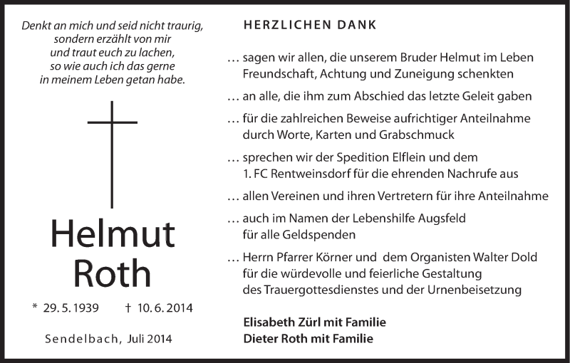  Traueranzeige für Helmut Roth vom 12.07.2014 aus MGO