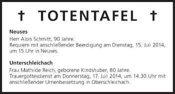 Anzeige von Totentafel vom 15.07.2014 von MGO