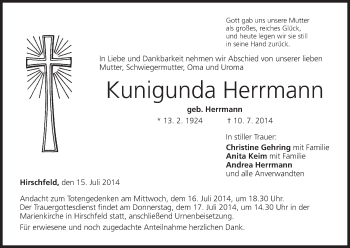 Anzeige von Kunigunda Herrmann von MGO