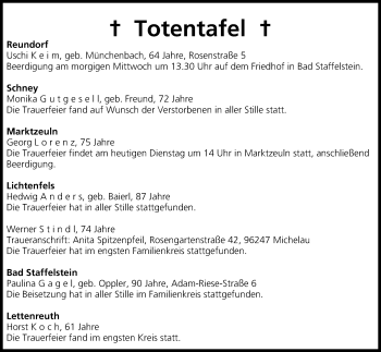 Anzeige von Totentafel vom 15.07.2014 von MGO